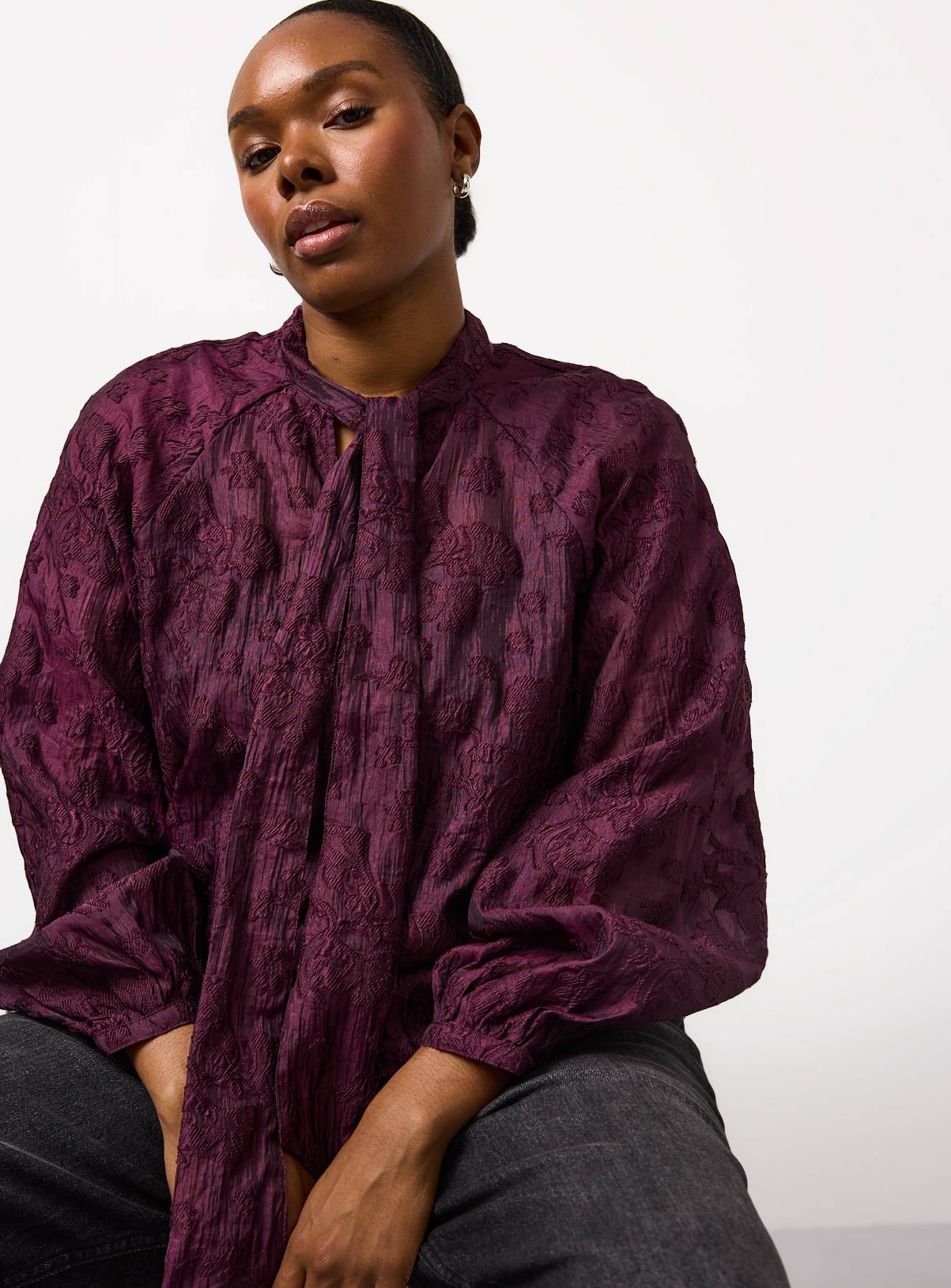 Dark Red Tie Neck Jacquard Blouse 18 - Image 1